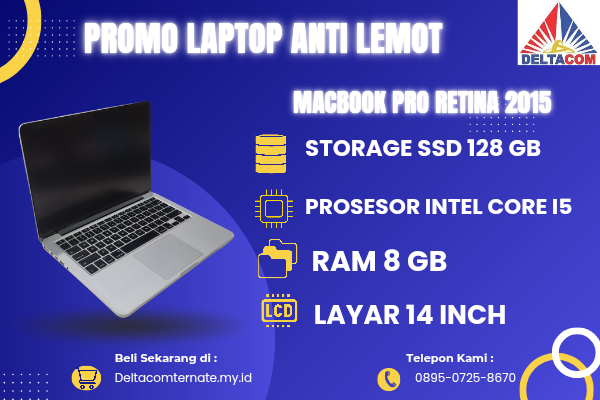 MACBOOK PRO RETINA 2015 , TYPE BARU BODY SLIM, PROSESOR INTEL CORE I5 MEMORY RAM 8 GB STORAGE SSD 128 GB DISPLAY 14 INCH MULUS , WARNAH SILVER , LEC